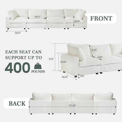 Modular Sectional Sofa, 157.48" Oversized Cloud Couch, 4 Deep Seat Comfy Modular for Living Room, Plush Cushion Covers Removable, Beige
