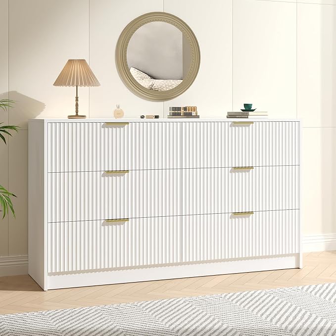 White 6 Drawer Dresser Bedroom,55” Wide Large White Fluted Dresser with Gold Handles, Modern Chest of Drawer for Closet, Bedroom, Living Room