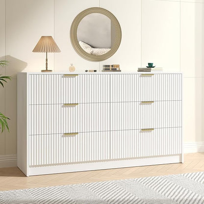 White 6 Drawer Dresser Bedroom,55” Wide Large White Fluted Dresser with Gold Handles, Modern Chest of Drawer for Closet, Bedroom, Living Room