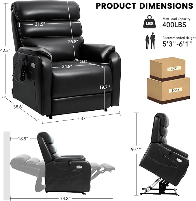 EONIX Wide Lay Flat Power Lift Recliner Chair for Elderly, Heavy Duty Oversized Breathable Faux Leather Lift Chairs Recliner Sofa with Heat and Massage and Charging Ports, Black