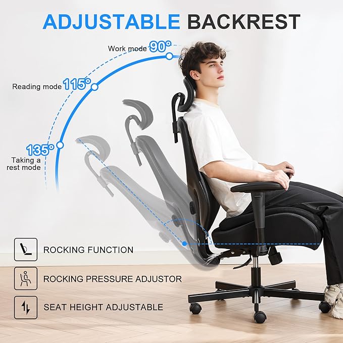 Ergonomic Home Office Desk Chair,Breathable Mesh Chair with Expanded High Back Lumbar Support,Adjustable Height,Armrests and Headrest