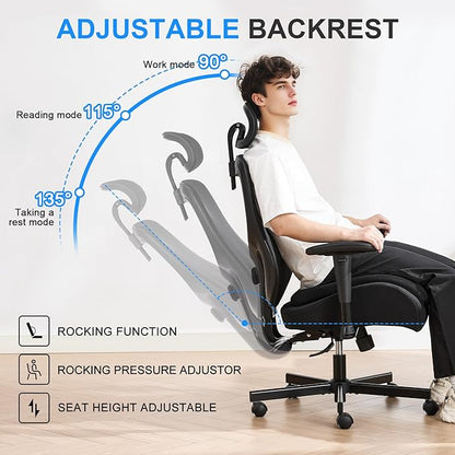 Ergonomic Home Office Desk Chair,Breathable Mesh Chair with Expanded High Back Lumbar Support,Adjustable Height,Armrests and Headrest