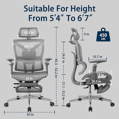 Big and Tall Ergonomic Office Chair with Footrest, 5D Adjustable Armrests, Lumbar Support, Mesh Reclining Swivel Chair for Home Office or Gaming, Adjustable Seat Depth, S3 Elite Pro Grey