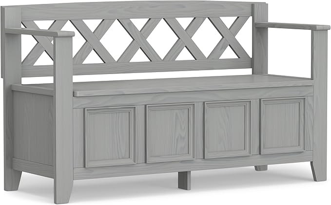 SIMPLIHOME Amherst Entryway Storage Bench - 48 inch Wide Solid Wood Hallway Seat in Fog Grey, Transitional Bench for Entryway or Living Room with Lift-Up Lid and Spacious Storage