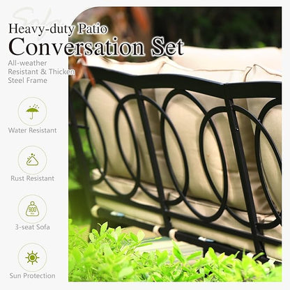 Sophia & William Patio Furniture Set, Outdoor Metal Conversation Set 5 Seats with 3-Seater Sofa, 2 Swivel Chairs, 1 Coffee Table for Seating Lawn Porch Backyard,Beige