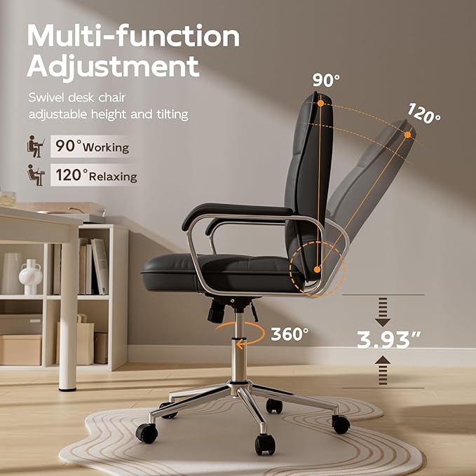 Black Leather Office Desk Chair, Swivel Computer Home Office Desk Chair with Wheels and Padded Arms, Adjustable Height and Tilt