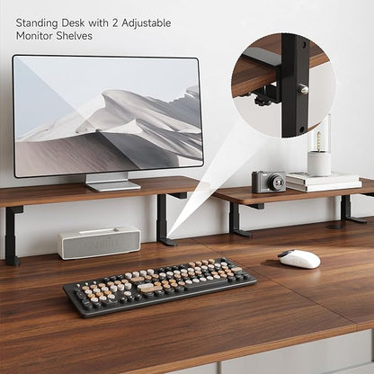 ONBRILL Standing Desk with 2 Adjustable Monitor Shelves, 71 x 24 Inches Electric Stand Up Desk with Memory Controller and Adjustable Height from 28-46 inches for Computer Workstations, Walnut