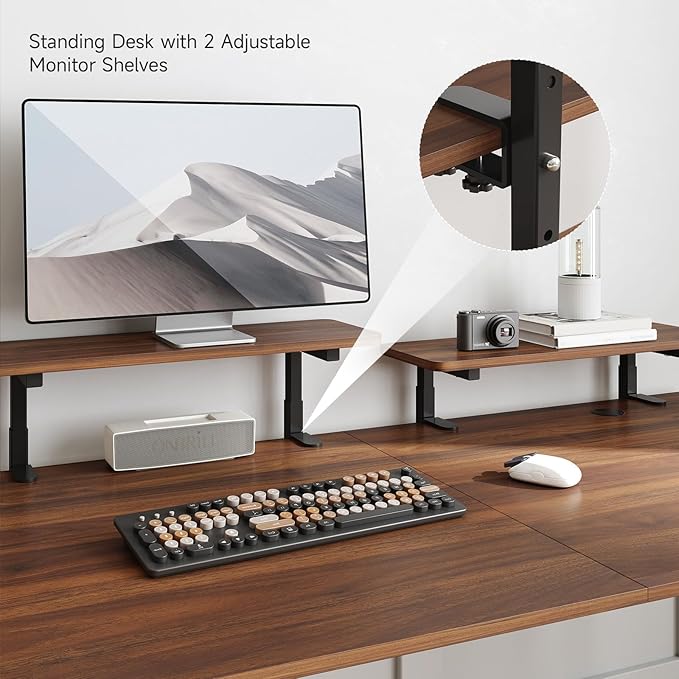 ONBRILL Standing Desk with 2 Adjustable Monitor Shelves, 55 x 24 Inches Electric Stand Up Desk with Memory Controller and Adjustable Height from 28-46 inches for Computer Workstations, Walnut