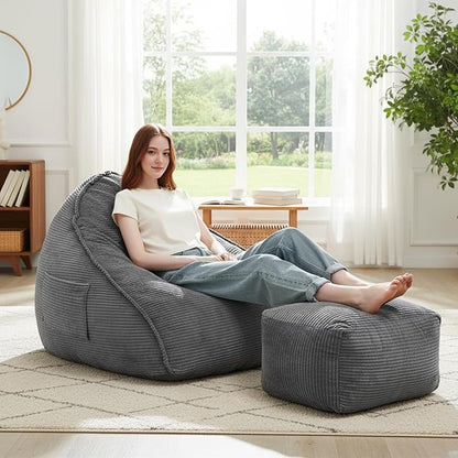 Cloud Bean Bag Chair with Ottoman for Adults, Comfy Corduroy Chaise Lounge Chair with High-Resilience Foam, Oversized Boneless Reading Chair for Bedroom & Living Room (Grey)