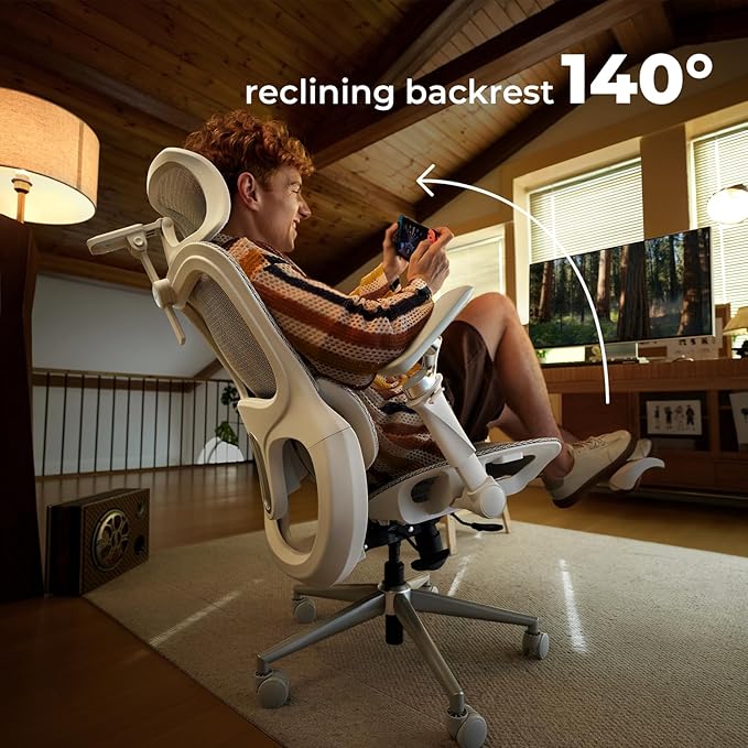 Hbada P2 Ultra Ergonomic Office Chair, Office Chair with 5D Lumbar Support, Mesh Ergonomic Chair with 6D Arms & 4D Headrest, 140° Stepless Tilt Function, White