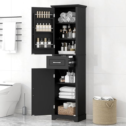 Bathroom Tall Storage Cabinet, Floor Freestanding Storage Cabinet with 2 Doors, One Drawer, Door Shelve Design, and Adjustable Shelf for Bathroom, Office, Multi-Use Organizer, Black
