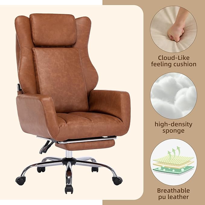 DYHOME Brown Leather Office Chair with Massage and Footrest, Heavy Duty Task Desk Chairs, Swivel Ergonomic Computer Gaming Chairs with Lumbar Support, Wheels Flip-up Arms Adjustable Height