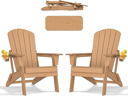 nevilywood Folding Adirondack Chair - Extended Ergonomic Backrest, Cup Holder - Easy Assembly - Durable HDPE Plastic, Weather Resistant & Maintenance-Free - Lawn, Patio, Deck Supports 380lbs Teak