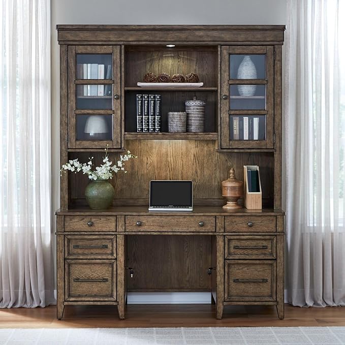 Liberty Furniture Carolina Park 5 Piece Jr Executive Set with Desk, Credenza & Hutch for Home Office- Amber Brown Oak Wood