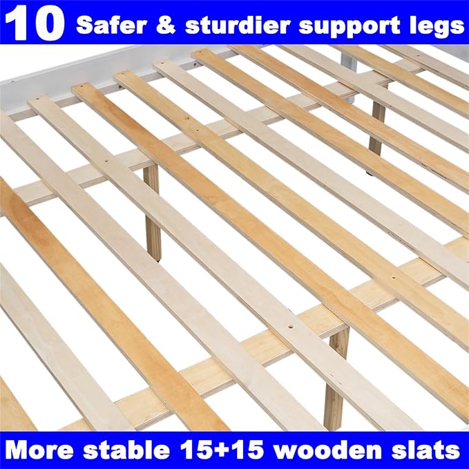 Upgraded Version Thicken Solid Wood Twin XL Over Queen Bunk Bed, Stronger Queen Size Bunk Bed Frame, Convertible into 2 Beds for Adult, Easy to Assemble (White,Twin XL Over Queen)
