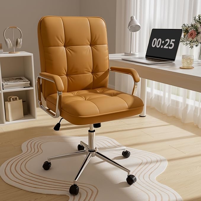 Brown Office Chair with Soft Leather, Swivel Computer Home Office Desk Chair with Wheels and Padded Arms, Adjustable Height and Tilt