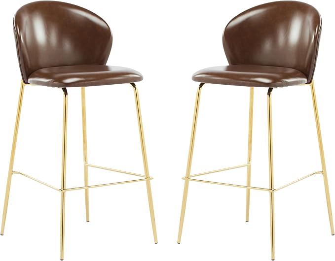 Christopher Knight Home Kira Indoor Upholstered Barstool with Metal Frame Set of 2, Bar Chairs Kitchen Stools, Comfy Faux Leather Bar Seating for Island Kitchen, 29.5''Seat Height, Dark Brown+Gold