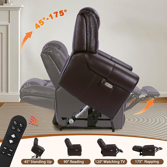 EONIX Classic Dual Motor Power Lift Recliner Chair for Elderly, 400lbs Heavy Duty Breathable Faux Leather Recliner with Heat and Massage, Lay Flat Lift Chair Recliner for Adults, SLRY005, Dark Brown