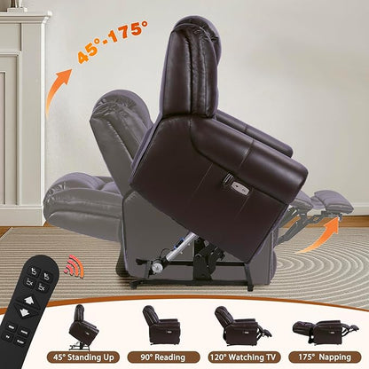 EONIX Classic Dual Motor Power Lift Recliner Chair for Elderly, 400lbs Heavy Duty Breathable Faux Leather Recliner with Heat and Massage, Lay Flat Lift Chair Recliner for Adults, SLRY005, Dark Brown