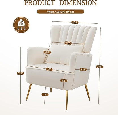 Fabric Accent Living Room Arm Chair Set of 2 Mid Century Modern Chairs with Pillow & Golden Legs, 8.5" Thick Cushion, Upholstered Comfy Sofa Armchair for Reading Room/Bedroom, White
