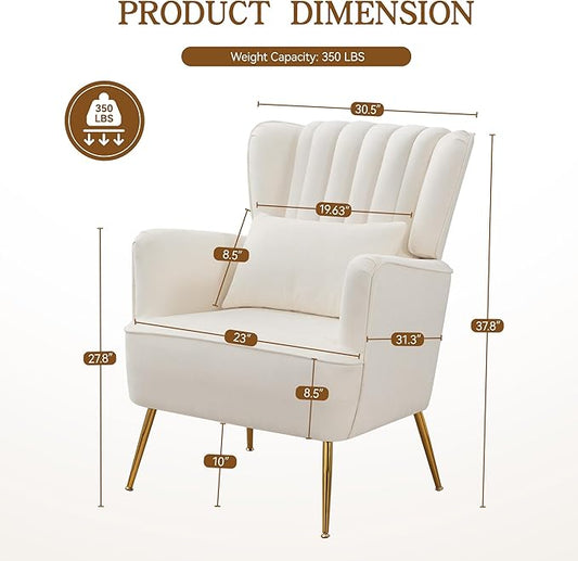 Fabric Accent Living Room Arm Chair Set of 2 Mid Century Modern Chairs with Pillow & Golden Legs, 8.5" Thick Cushion, Upholstered Comfy Sofa Armchair for Reading Room/Bedroom, White
