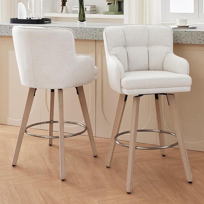 360°Swivel Counter Height Bar Stools with Back, 30 inch Solid Wood Legs, Bar Stool Modern Kitchen Island Chairs, Fabric (Beige- Fabric, 30" H- Set of 2)