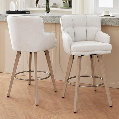 360°Swivel Counter Height Bar Stools with Back, 30 inch Solid Wood Legs, Bar Stool Modern Kitchen Island Chairs, Fabric (Beige- Fabric, 30" H- Set of 2)
