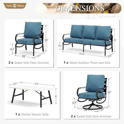 Sophia & William Patio Furniture Sets for 7 Outdoor Conversation Set 6 Pcs with 4 x Armrest Cushioned Sofa Chairs, 1 x 3-Seat Sofa, 1 Marbling Metal Coffee Table Garden Backyard Poolside Navy