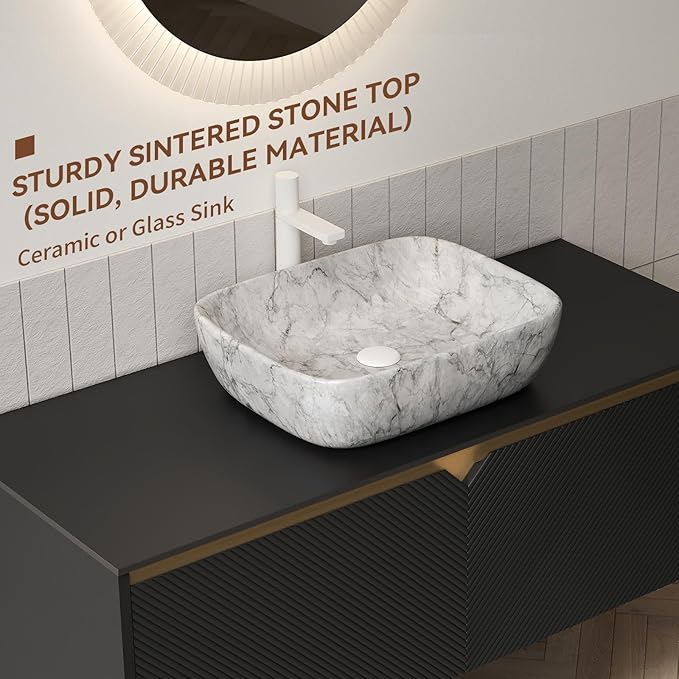48 Inch Bathroom Vanity with Sink, Floating Fluted Vanity with Vessel Sink, Modern Wall Mounted Bathroom Vanity Cabinet with 2 Doors, Oval Marble Vessel Sink & Sintered Stone Top, Black