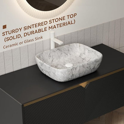 48 Inch Bathroom Vanity with Sink, Floating Fluted Vanity with Vessel Sink, Modern Wall Mounted Bathroom Vanity Cabinet with 2 Doors, Oval Marble Vessel Sink & Sintered Stone Top, Black
