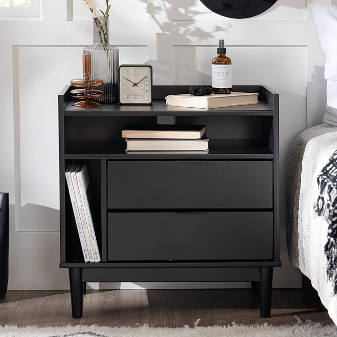 Walker Edison Blythe Mid-Century Modern Tray-Top Storage Nightstand 25 Inch Black