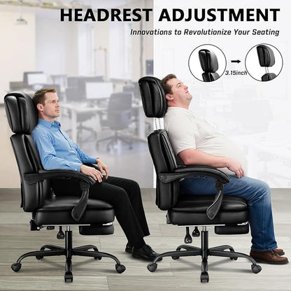 400lbs Executive Office Chair with Foot Rest for Heavy People, Ergonomic Big and Tall Desk Chair with Adjustable Headrest, High Back PU Leather Comfy Heavy Duty Computer Chair