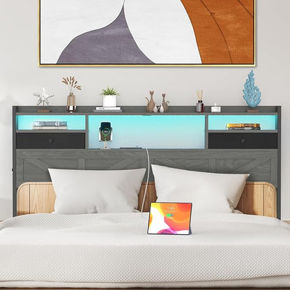 King Size Headboard with Drawers, Outlets & USB Ports,Sturdy Wood Bed Frame with Adjustable Height, Built-in LED Lighting (Grey, King 75.2 * 7.08 * 45.7)
