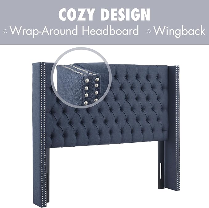 Madison Park Queen Button Tufted Headboard, Adjustable Upholstered Transitional Wingback Headboard, Nailhead Trim, Wooden Frame, Black Metal Legs, Flush Flat Back, Vintage Bedroom Décor Amelia - Navy