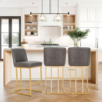 Sophia & William Counter Height Bar Stools Set of 3, Modern PU Leather Kitchen Island Stools,Gold Polished Bar Chairs,Grey & Gold