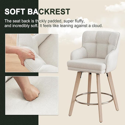 360°Swivel Counter Height Bar Stools with Back, 26 inch Solid Wood Legs, Bar Stool Modern Kitchen Island Chairs, Fabric (Beige- Fabric, 26" H- Set of 4)