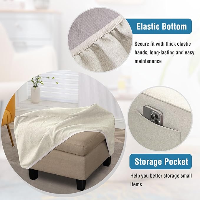 H.VERSAILTEX Thick Ottoman Cover Durable Linen Look Storage Ottoman Slipcover Footrest Stool Covers with Storage Side Pocket for Square Ottoman Fit Length 18"-19" Footrest - Heather Ivory