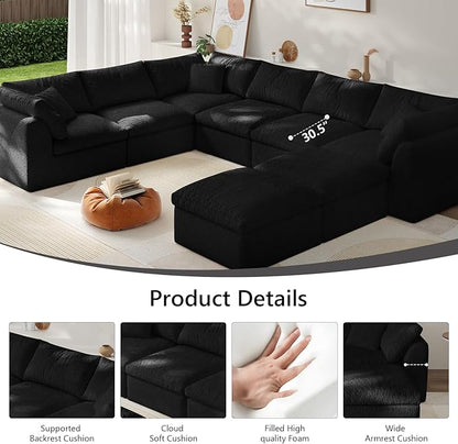 Boneless Cloud Couch Modular Sectional Sofa with Deep Seat for Living Room, L Shape Couch with Ottoman, Snowflake Cloth and 40D Memory Sponge，2 Throw Pillows (Black, 6 Seater+2 Ottoman)