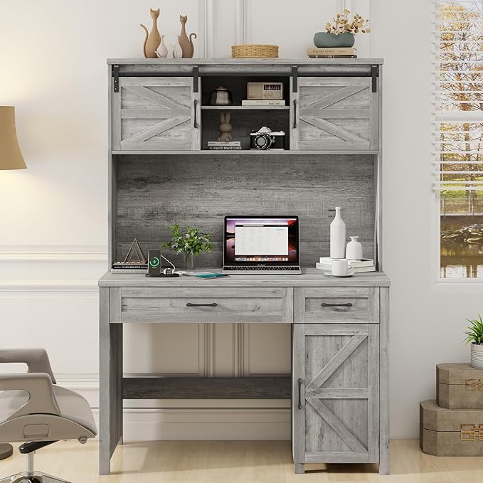 Farmhouse 47" Executive Computer Desk with 2 Drawers and Storage Cabinet, Home Office Desk with Hutch and Charging Station, Workspace for Work and Study (Grey).