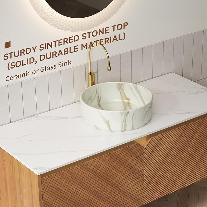 48 Inch Bathroom Vanity with Sink, Floating Fluted Vanity with Vessel Sink, Modern Wall Mounted Bathroom Vanity Cabinet with 2 Doors, Ceramic Sink with Stone Pattern & Sintered Stone Top, Oak