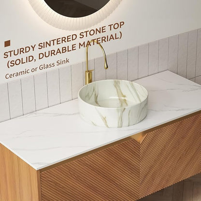 48 Inch Bathroom Vanity with Sink, Floating Fluted Vanity with Vessel Sink, Modern Wall Mounted Bathroom Vanity Cabinet with 2 Doors, Ceramic Sink with Stone Pattern & Sintered Stone Top, Oak
