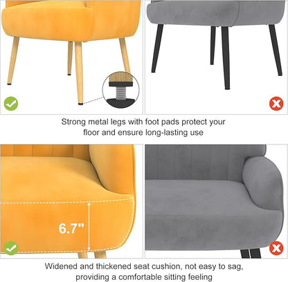 Velvet Accent Chair, Mid Century Modern Accent Chairs for Living Room, Comfy Upholstered Armchair with Metal Legs for Bedroom/Apartment/Office/Waiting Room, Yellow