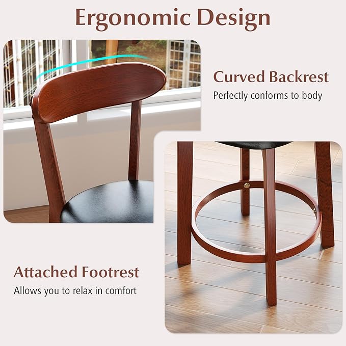 COSTWAY Bar Stool Set of 2, 23.5'' Counter Height Barstools w/Curved Backrest, Faux Leather Cushion & Rubber Wood Frame, Mid Century Modern Island Chairs for Kitchen Bar Cafe, Walnut
