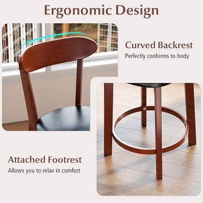 COSTWAY Bar Stool Set of 2, 23.5'' Counter Height Barstools w/Curved Backrest, Faux Leather Cushion & Rubber Wood Frame, Mid Century Modern Island Chairs for Kitchen Bar Cafe, Walnut