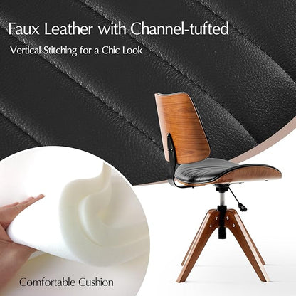 HULALA HOME Office Desk Chair with Solid Wood Legs, Adjustable Height & 360° Swivel, Comfy Bentwood Faux Leather Tufted Task Chair, Black
