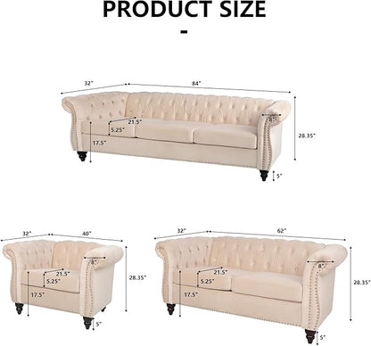 2 Piece Living Room Furniture Set, Velvet Loveseat and Chair Set, Mid Century Modern Upholstered Sofa Couch with Cushions, Comfy Tufted Chesterfield Couches for Living Room, Bedroom, Office