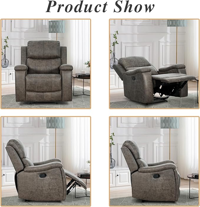 EBELLO Grey Recliner Chair, Single Overstuffed Sofa Recliners, Breathable Faux Leather Manual Reclining Chairs with Hidden Cup Holder, Arm and Back for Adults, Living Room, Bedroom, Grey