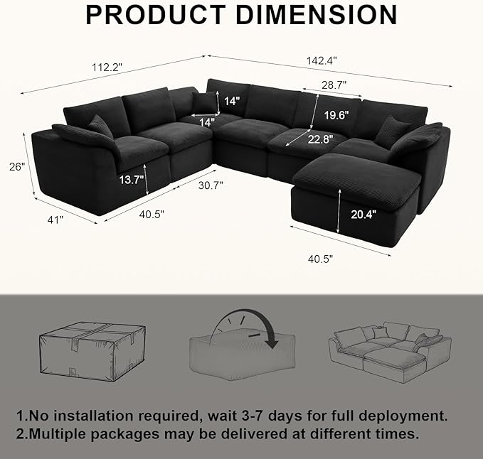 143" Cloud Sectional Couch, Boneless couches for Living Room, 7 Seater Large Modular Sectional Sofa with Deep Seat, Comfy Soft Cushions, No Assembly, Black