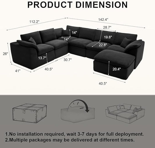 143" Cloud Sectional Couch, Boneless couches for Living Room, 7 Seater Large Modular Sectional Sofa with Deep Seat, Comfy Soft Cushions, No Assembly, Black