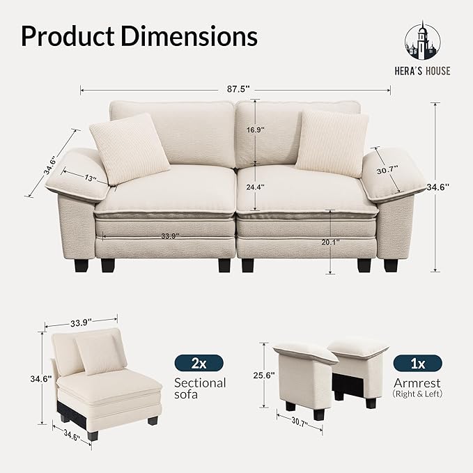 HERA'S HOUSE 88" Modular Sectional Sofa, Loveseat Couches for Living Room, Comfy Cloud Couch 2-Seater Deep Seat Sofa with Throw Pillow, Chenille Beige